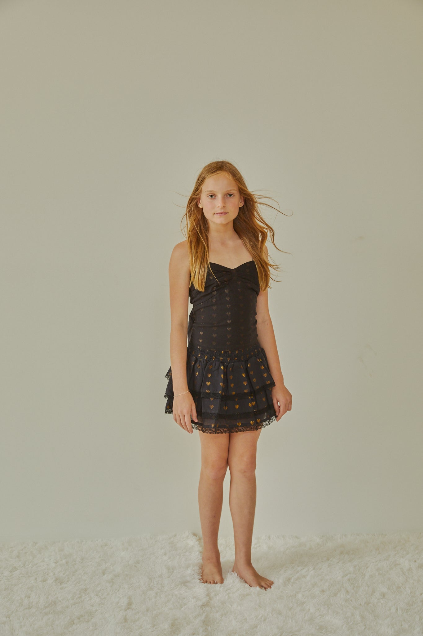 Gemma Black With Black Lace Heart Lurex Smocked Ruffle Mini Skirt
