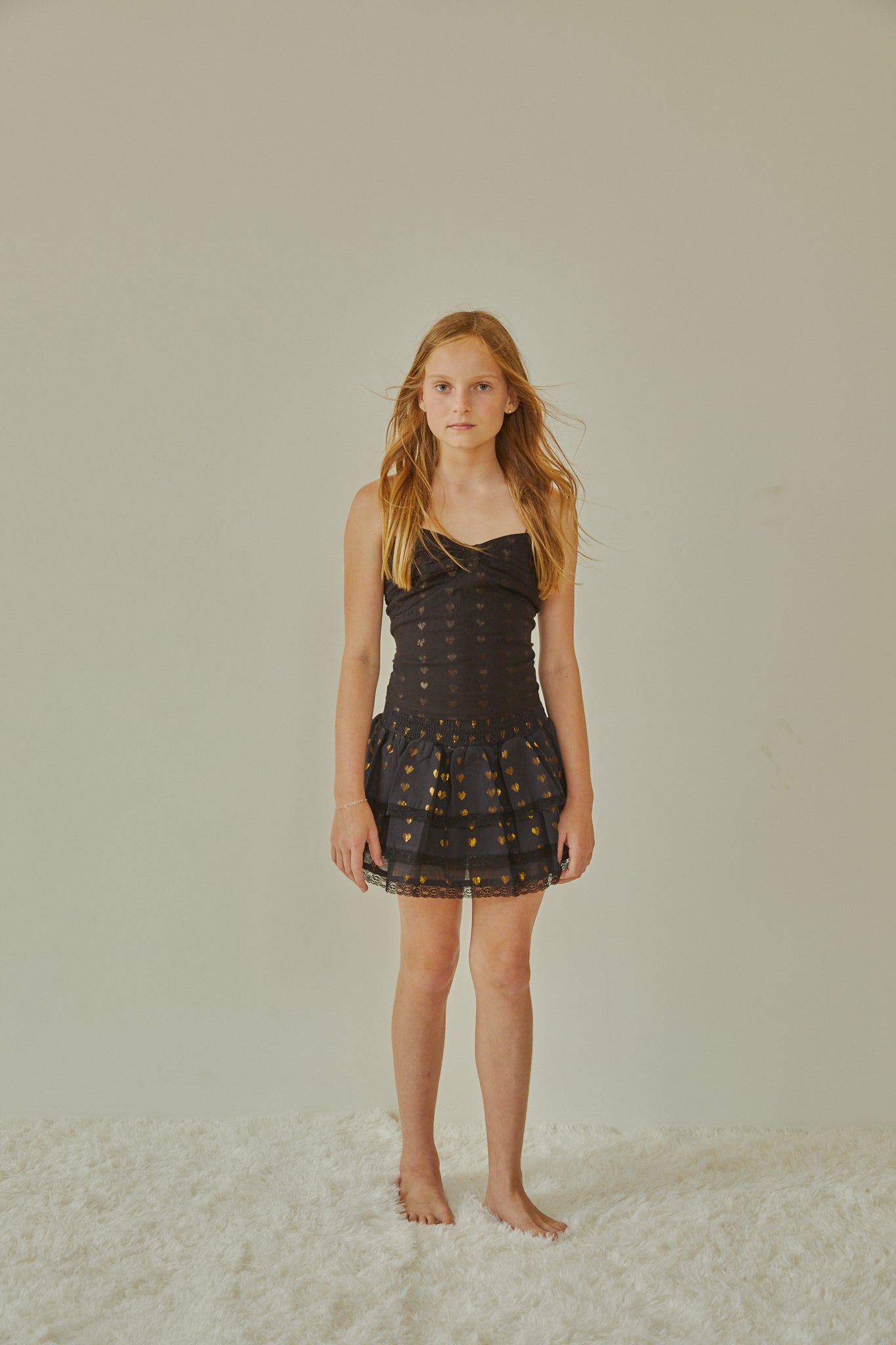 Gemma Black With Black Lace Heart Lurex Smocked Ruffle Mini Skirt
