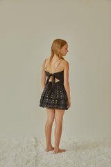 Gemma Black With Black Lace Heart Lurex Smocked Ruffle Mini Skirt