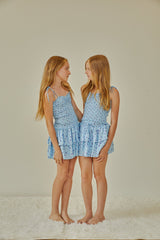 Lola Pastel Blue Ditsy Satin Smocked Ruffle Dress
