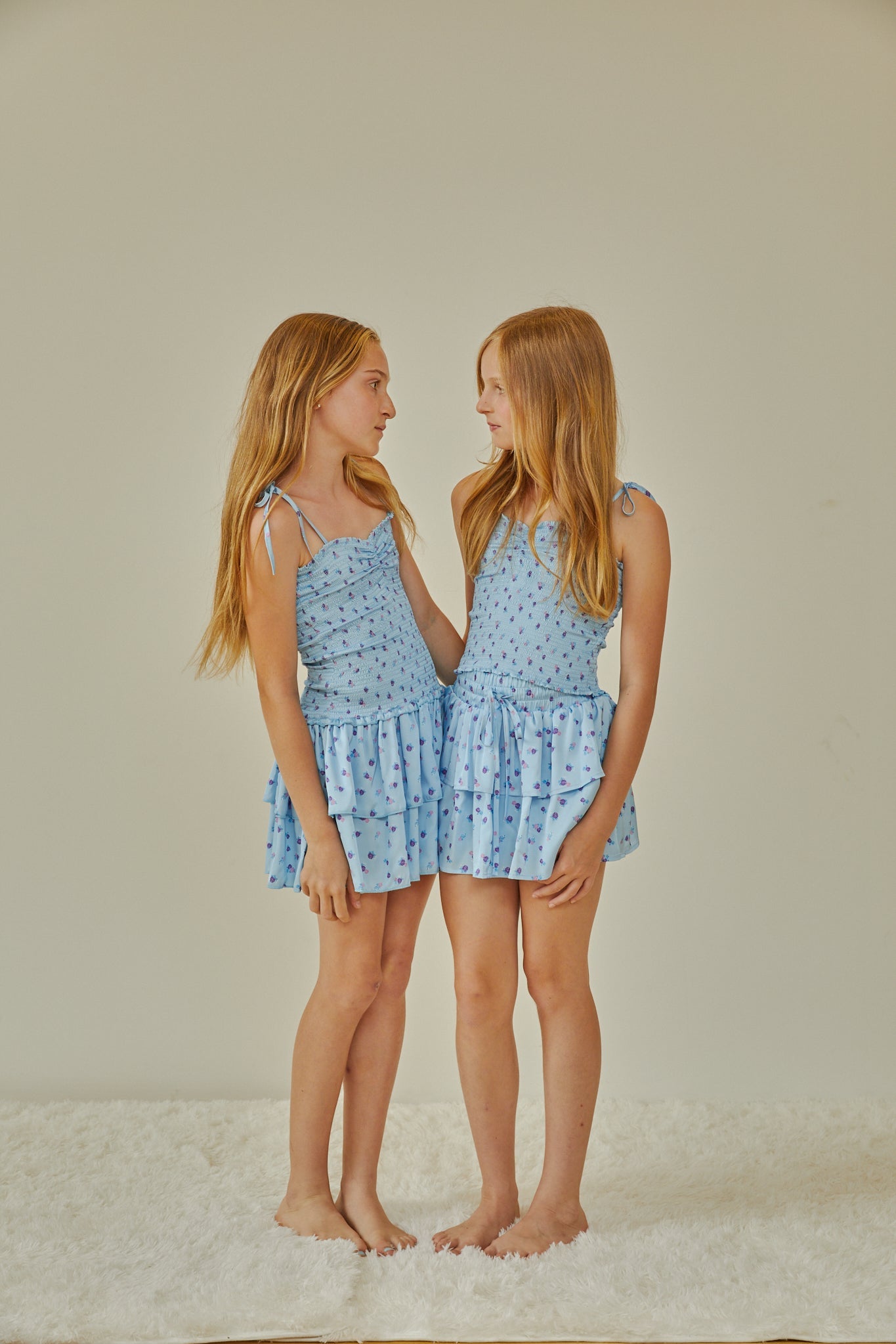 Lola Pastel Blue Ditsy Satin Smocked Ruffle Dress