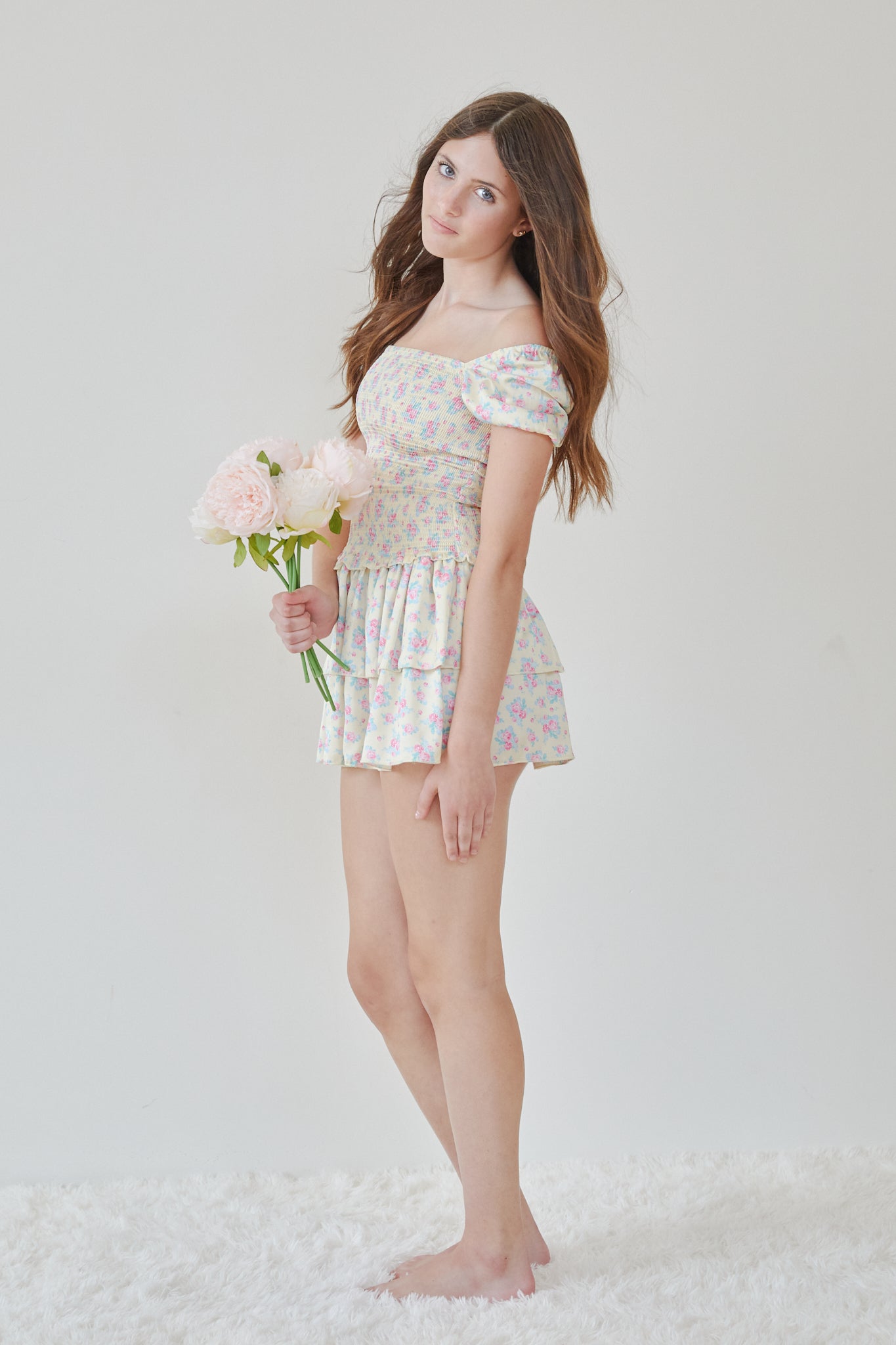 Lexi Romantic Rose With Yellow Satin Smocked Short Sleeve Ruffle Dress
