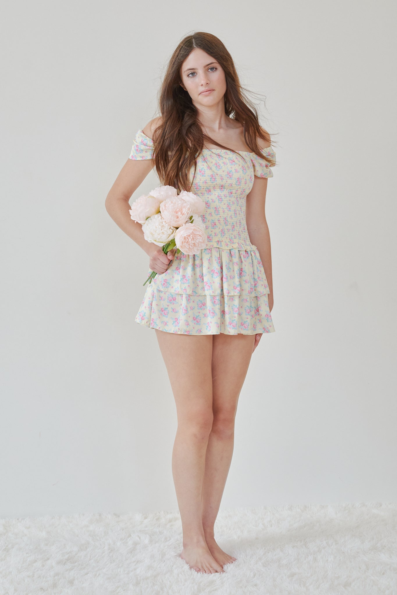 Lexi Romantic Rose With Yellow Satin Smocked Short Sleeve Ruffle Dress