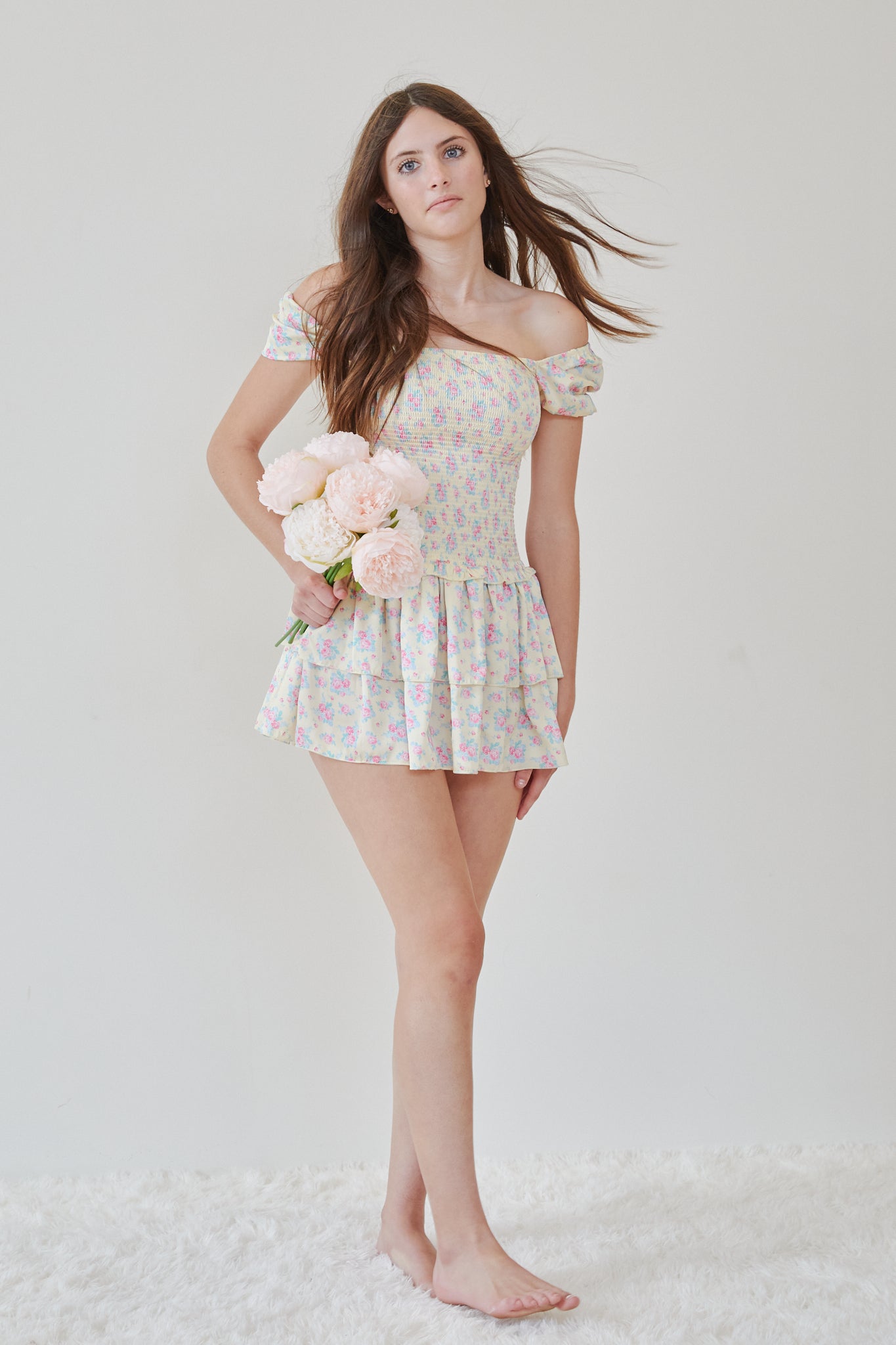 Lexi Romantic Rose With Yellow Satin Smocked Short Sleeve Ruffle Dress