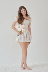 Lexi Romantic Rose With Yellow Satin Smocked Short Sleeve Ruffle Dress