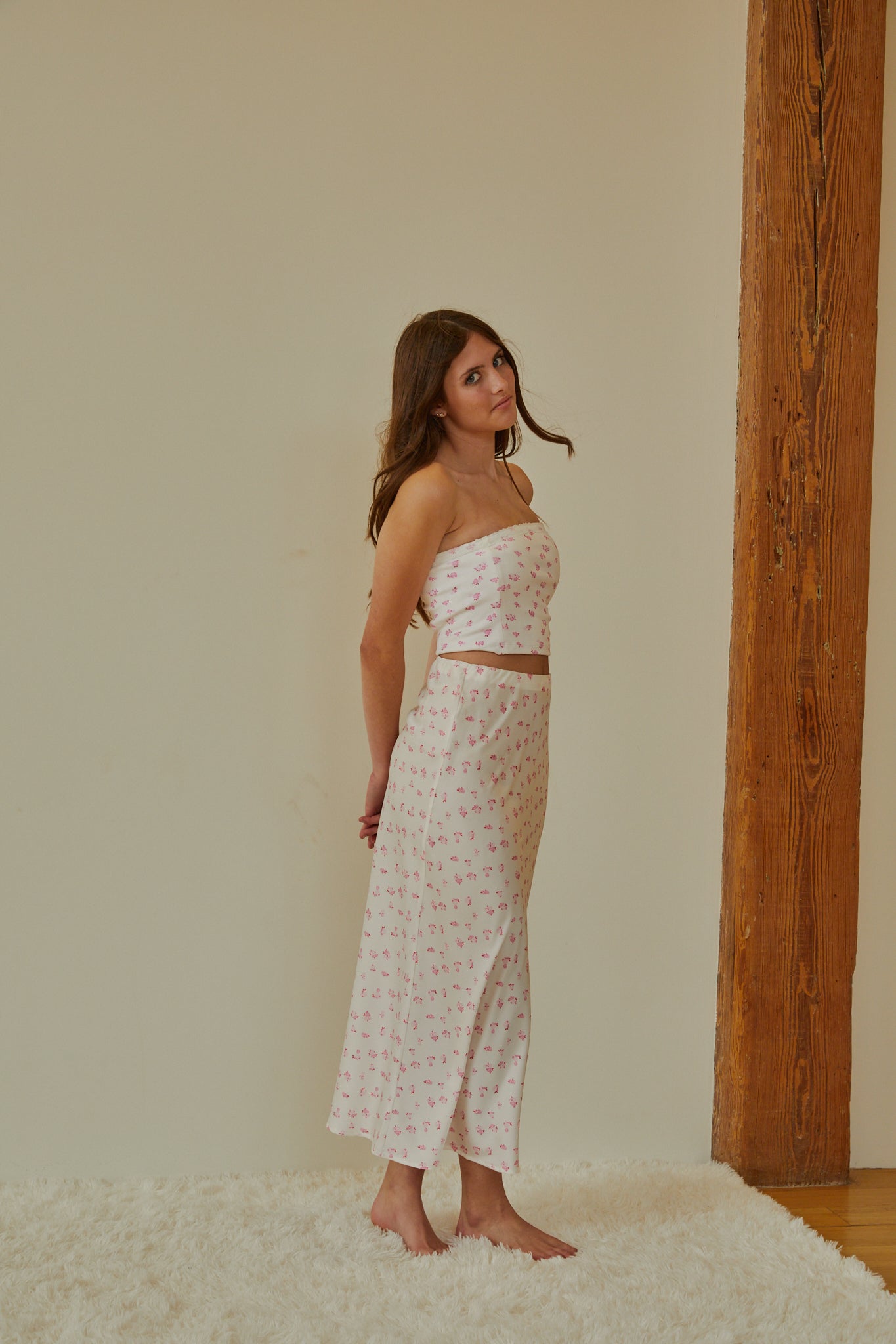 Joey White With Pastel Pink Ditsy Satin Maxi