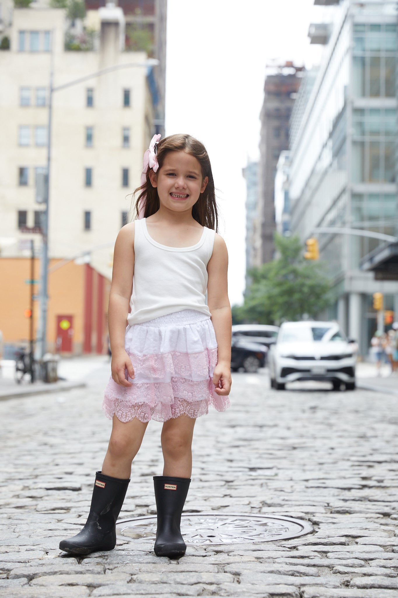 Gemma White With Pink Lace Heart Dobbie Smocked Ruffle Mini Skirt