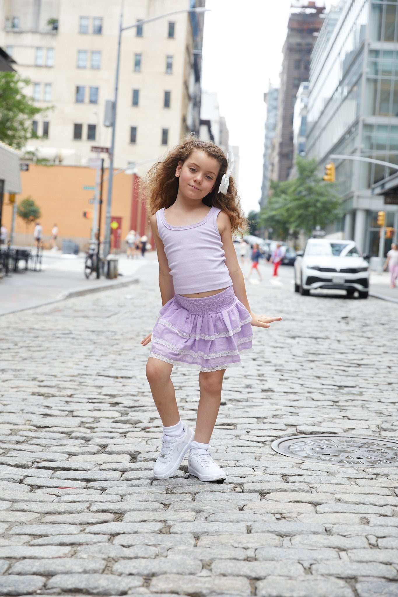 Gemma Lavender With White Lace Heart Dobbie Smocked Ruffle Mini Skirt