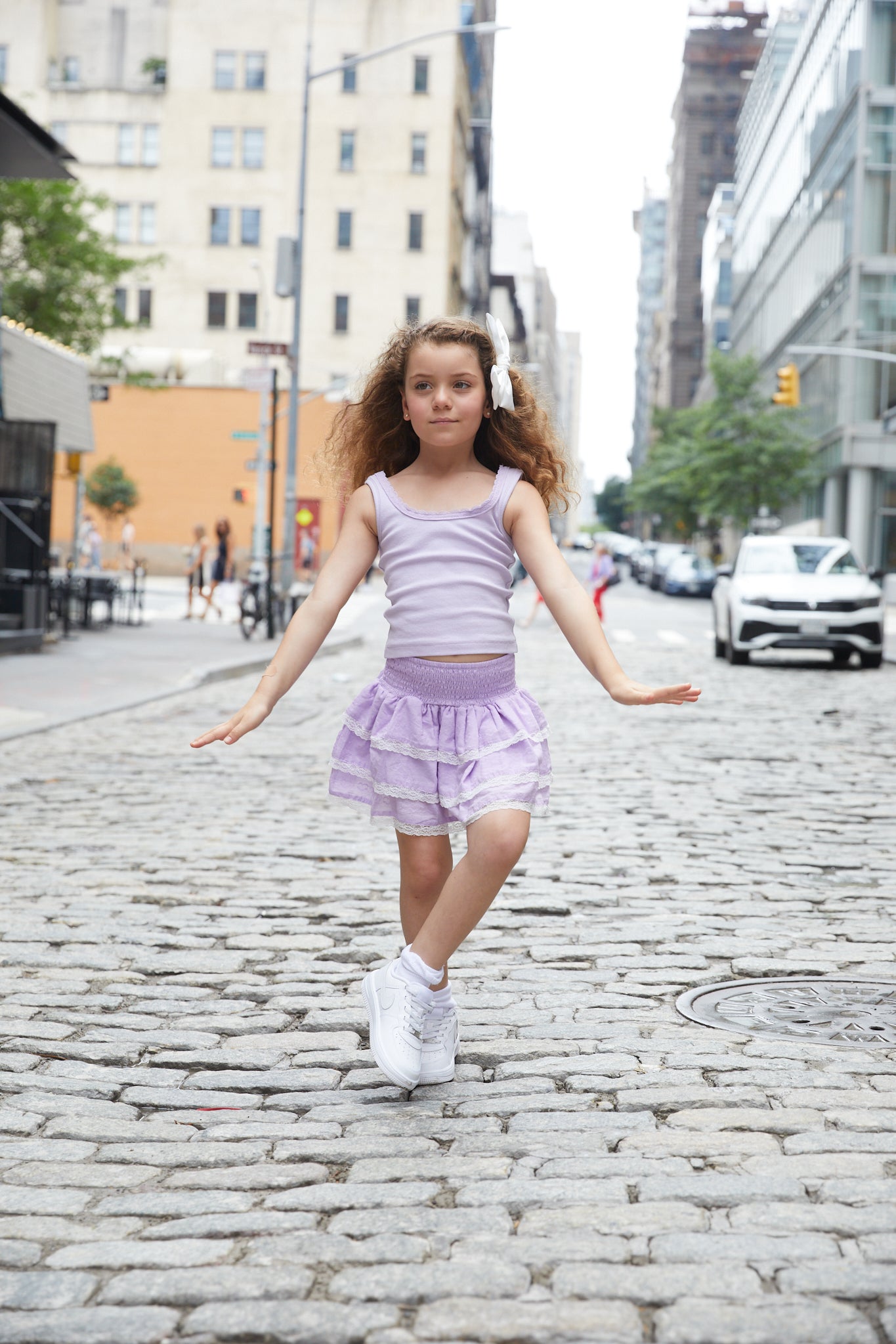 Gemma Lavender With White Lace Heart Dobbie Smocked Ruffle Mini Skirt