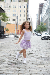 Gemma Lavender With White Lace Heart Dobbie Smocked Ruffle Mini Skirt
