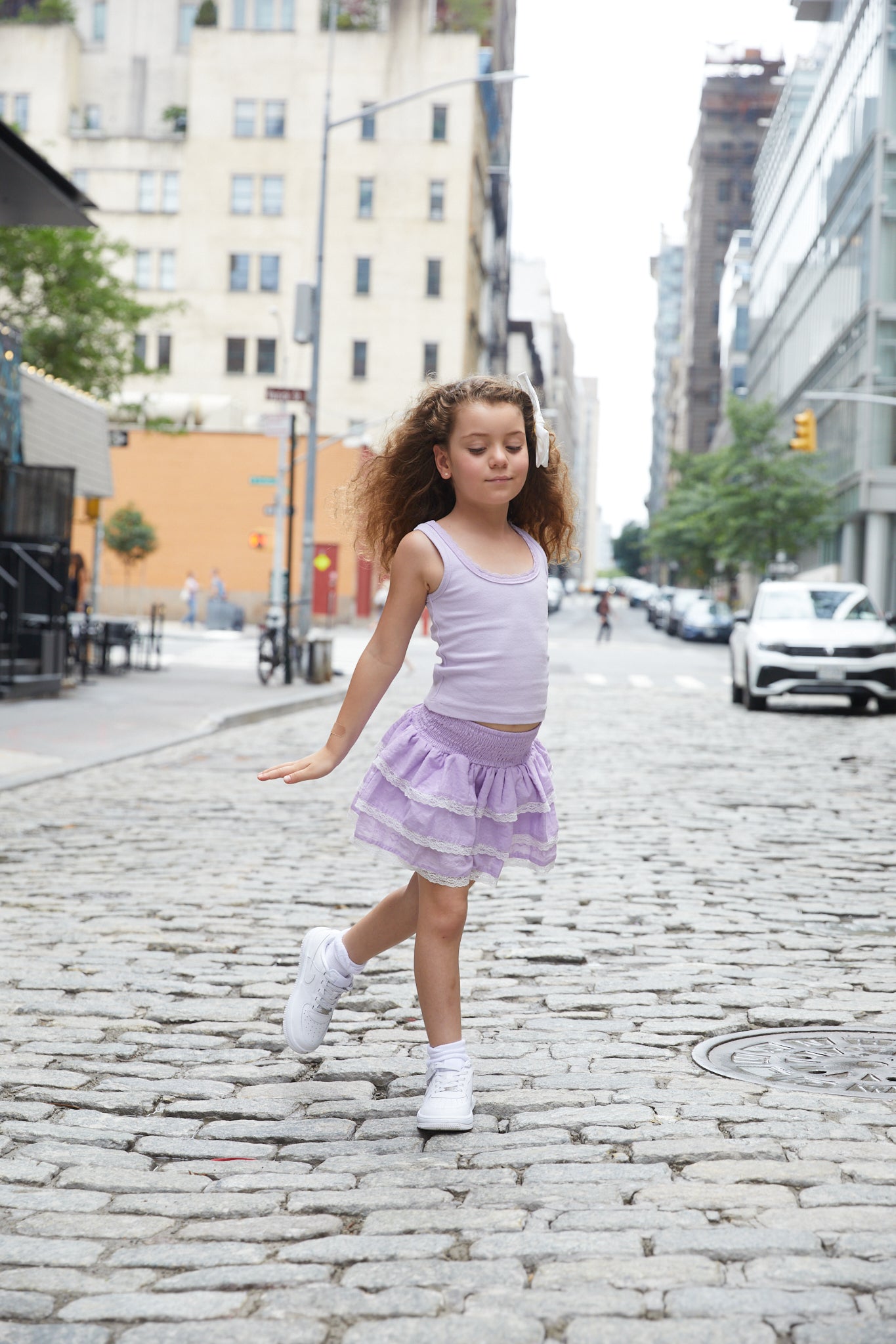 Gemma Lavender With White Lace Heart Dobbie Smocked Ruffle Mini Skirt