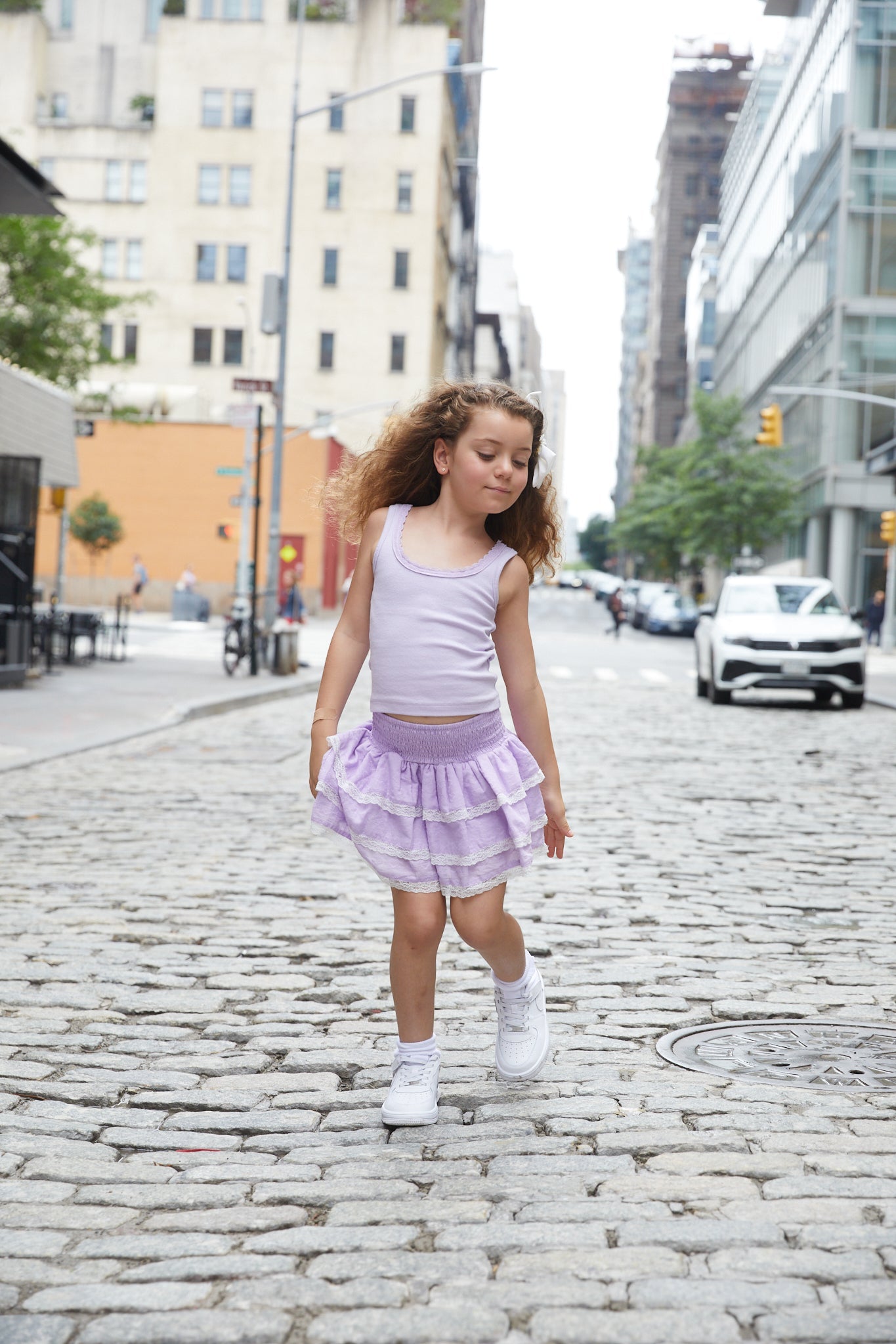 Gemma Lavender With White Lace Heart Dobbie Smocked Ruffle Mini Skirt