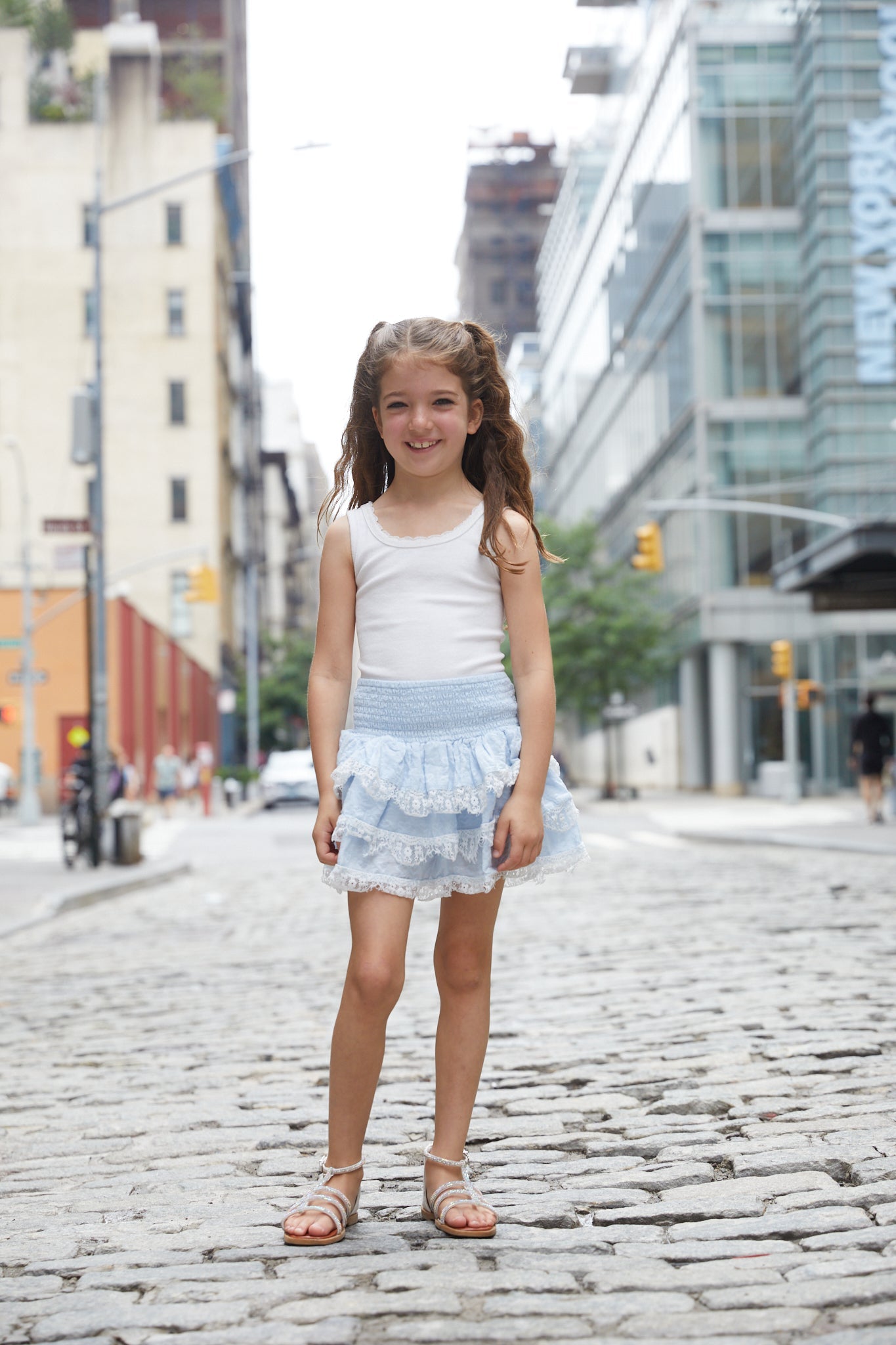 Gemma Pastel Blue Heart Dobbie Smocked Ruffle Mini Skirt S26