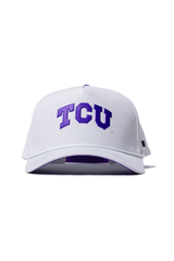 The No Rivals TCU Gameday Hat is a white snapback with bold purple TCU letters on the front and a structured fit—perfect for game day. Shown against a plain white background.