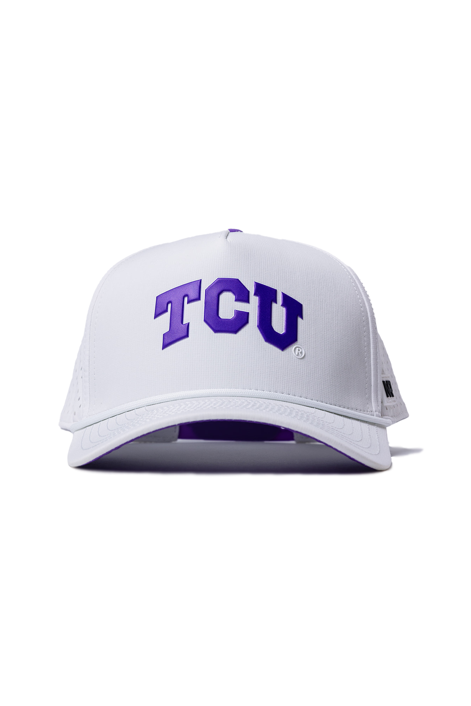 The No Rivals TCU Gameday Hat is a white snapback with bold purple TCU letters on the front and a structured fit—perfect for game day. Shown against a plain white background.
