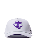 The No Rivals Tarleton State Gameday Hat is a white snapback featuring a purple Texas outline with a bold purple T, curved brim, and perforated sides—perfect for your gameday look.