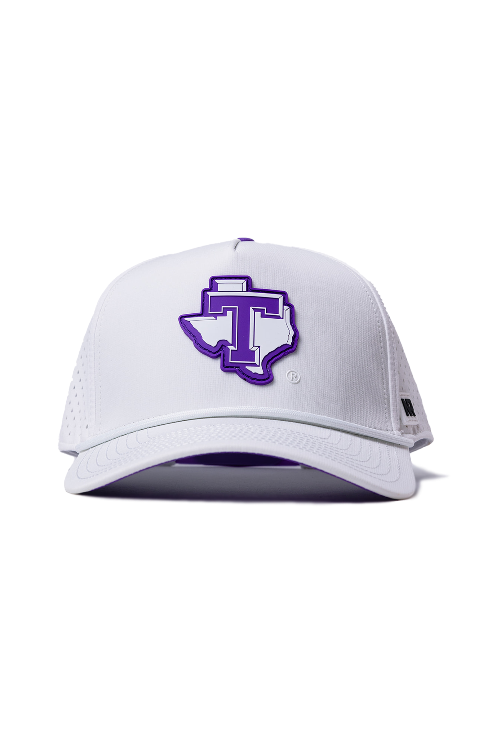 The No Rivals Tarleton State Gameday Hat is a white snapback featuring a purple Texas outline with a bold purple T, curved brim, and perforated sides—perfect for your gameday look.