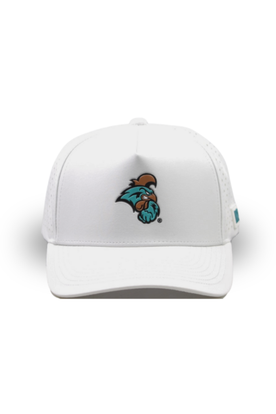 The No Rivals Costal Carolina University Gameday Hat is a white polyester-cotton blend baseball cap with a durable rubber cartoon mascot logo centered on the front panel, displayed against a plain white background.