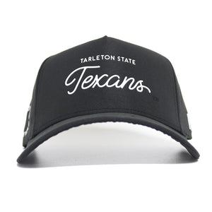 The No Rivals Tarleton Athletic Legacy Hat is a black premium cap with "Tarleton State Texans" in bold and cursive white text on the front. It features a snap back adjustment and is shown from the front on a white background.