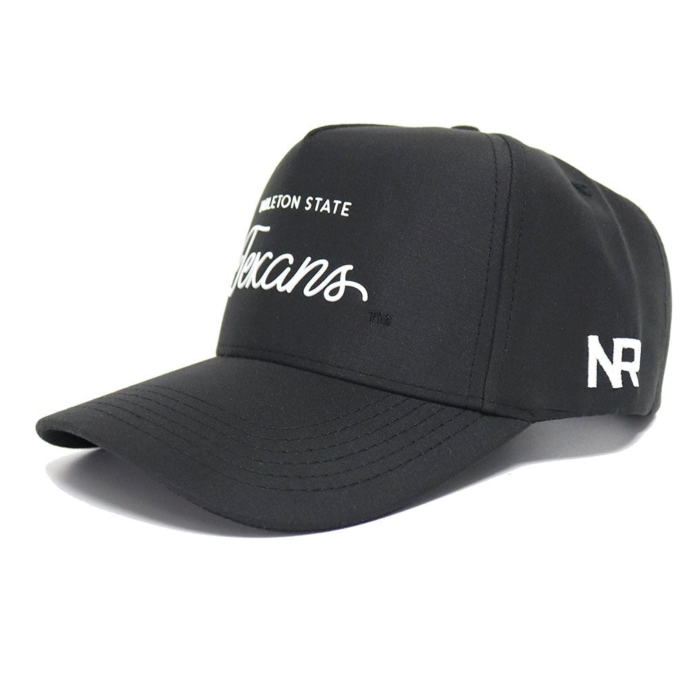 The Tarleton Athletic Legacy Hat by No Rivals is a black premium athletic hat featuring "Tarleton State Texans" in white script, NR initials on the side, and an adjustable snapback for a perfect gameday fit.