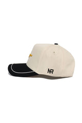 The No Rivals Mizzou Tigers ALOYO Hat features a beige cotton build, black curved brim with white trim, and "NR" embroidered on the side. Includes snapback adjustment for comfort.