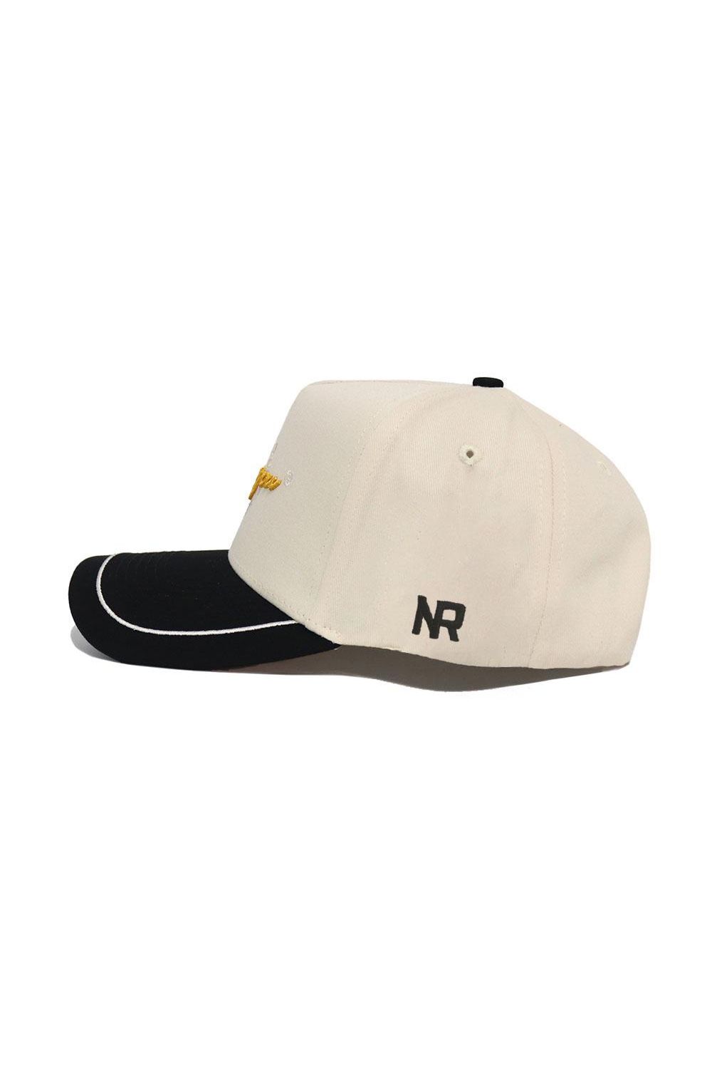 The No Rivals Mizzou Tigers ALOYO Hat features a beige cotton build, black curved brim with white trim, and "NR" embroidered on the side. Includes snapback adjustment for comfort.