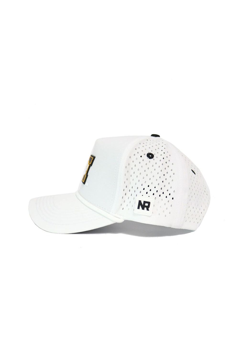 The No Rivals Mizzou Gameday Hat is a white mesh snapback cap featuring black and gold lettering on the front, a curved brim, and a small black NR logo patch on the side—ideal for your gameday look.