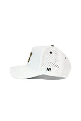 The No Rivals Mizzou Gameday Hat is a white mesh snapback cap featuring black and gold lettering on the front, a curved brim, and a small black NR logo patch on the side—ideal for your gameday look.