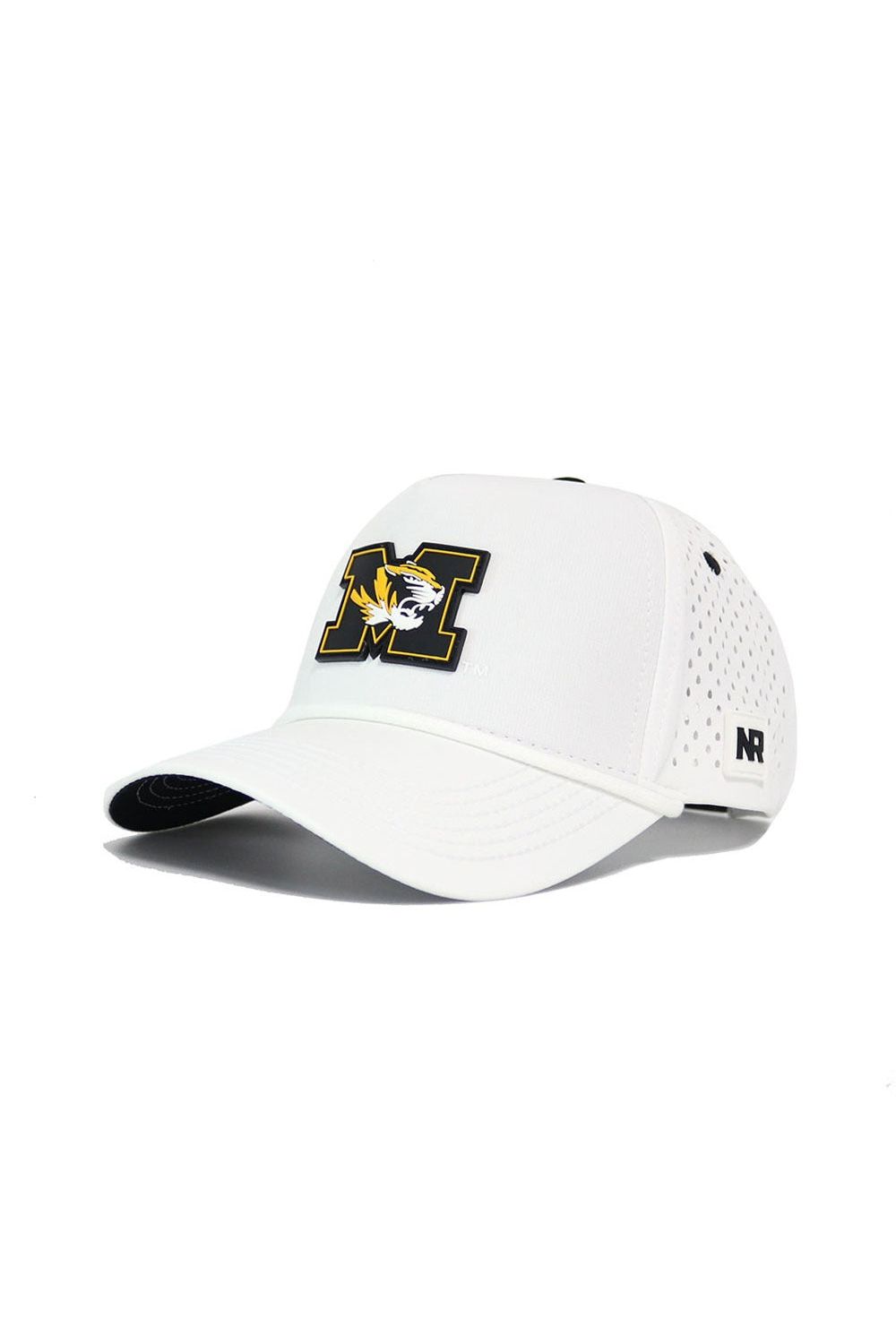 The No Rivals Mizzou Gameday Hat is a white snapback cap with a bold black and gold M logo featuring a tiger head, side ventilation holes, and an NR logo by the adjustable strap—perfect for your gameday look.