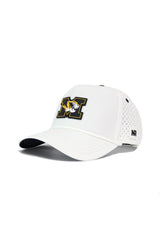 The No Rivals Mizzou Gameday Hat is a white snapback cap with a bold black and gold M logo featuring a tiger head, side ventilation holes, and an NR logo by the adjustable strap—perfect for your gameday look.