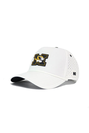 The No Rivals Mizzou Gameday Hat is a white snapback cap with a bold black and gold M logo featuring a tiger head, side ventilation holes, and an NR logo by the adjustable strap—perfect for your gameday look.