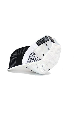 The Mizzou Gameday Hat by No Rivals is a white snapback baseball cap featuring black interior detailing and "NO RIVALS" printed on the inside band, shown upside down to highlight its unique inner lining—ideal for your next gameday look.