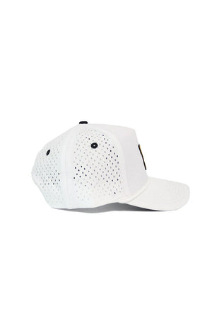 The No Rivals Mizzou Gameday Hat is a white snapback baseball cap with side and back perforations for ventilation, plus a slightly curved brim—ideal for completing your gameday look.