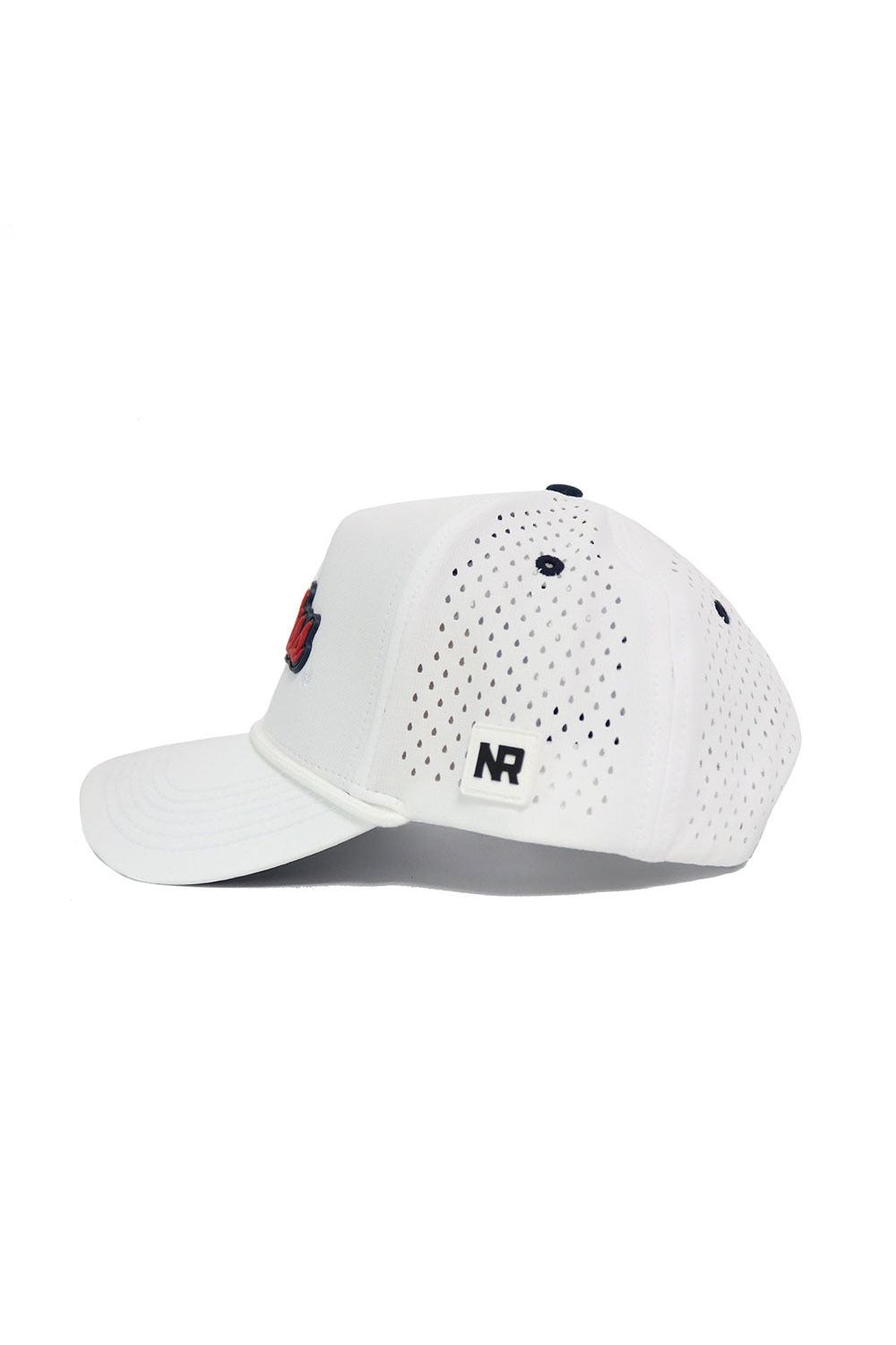 The Ole Miss Gameday Hat by No Rivals is a white cap featuring side and back perforations, curved brim, NR logo patch, red and blue front embroidery, and an adjustable snap back for the perfect fit.