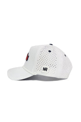 The Ole Miss Gameday Hat by No Rivals is a white cap featuring side and back perforations, curved brim, NR logo patch, red and blue front embroidery, and an adjustable snap back for the perfect fit.