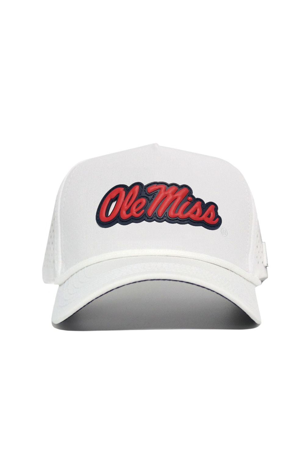 The No Rivals Ole Miss Gameday Hat features "Ole Miss" in red with a blue outline on the front, and offers a white design with an adjustable snap back for the ideal fit.
