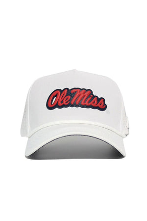 The No Rivals Ole Miss Gameday Hat features "Ole Miss" in red with a blue outline on the front, and offers a white design with an adjustable snap back for the ideal fit.