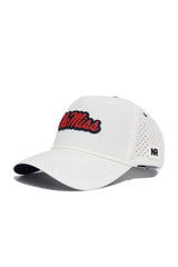 The Ole Miss Gameday Hat by No Rivals is a white cap with "Ole Miss" in red with blue outline, perforated sides, an NR logo tag on the left, and a snapback closure for the perfect fit.