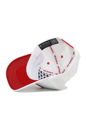 The Utah Utes Gameday Hat by No Rivals is a white and red snapback, turned inside out to showcase red NO RIVALS text and patterns on the lining and brim. This officially licensed cap includes side ventilation holes—ideal for your gameday look.