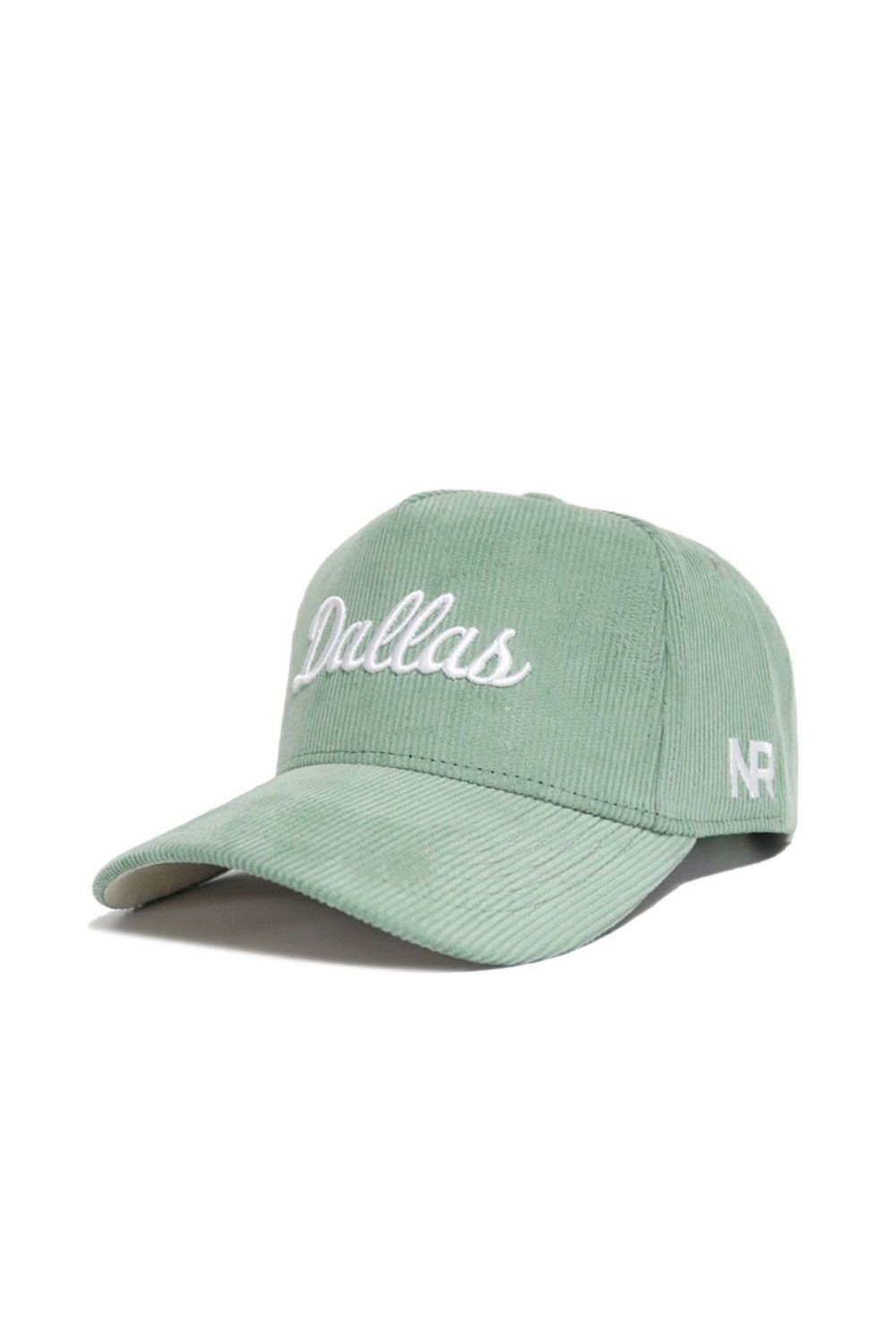 Introducing the Dallas Corduroy Hat - Structured in Spring Green from the No Rivals Spring Showers Collection, this adjustable snapback features white "Dallas" embroidery on the front and "NR" stitched on the side—all crafted in light green corduroy for a structured fit.