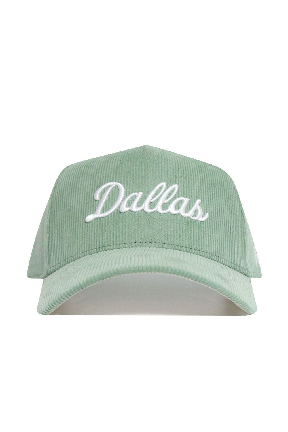 Introducing the No Rivals Dallas Corduroy Hat from the Spring Showers Collection—a structured snapback in spring green corduroy, featuring "Dallas" embroidered in white script on the front and an adjustable fit for comfort.