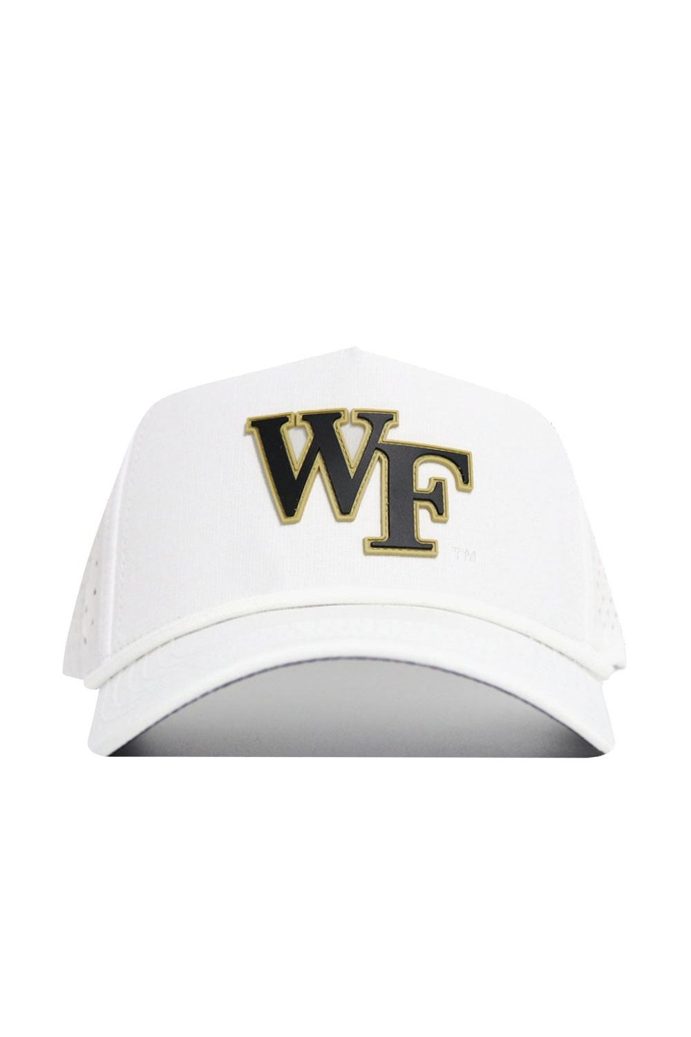 The Wake Forest Gameday Hat is a white snapback cap with bold black and gold WF embroidery, officially licensed and perfect for completing your gameday look.