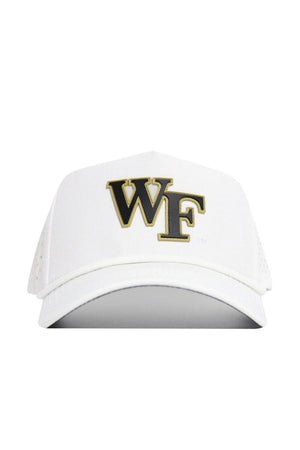 The Wake Forest Gameday Hat is a white snapback cap with bold black and gold WF embroidery, officially licensed and perfect for completing your gameday look.