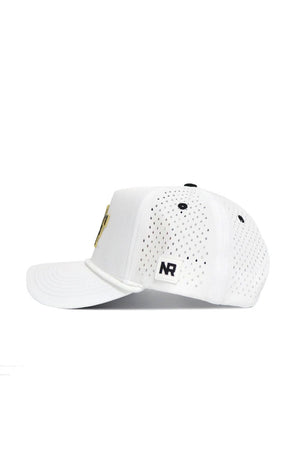 The Wake Forest Gameday Hat is a white baseball cap with ventilation holes, a curved brim, and a black NR logo patch on the side. This officially licensed hat is shown in profile against a plain white background.