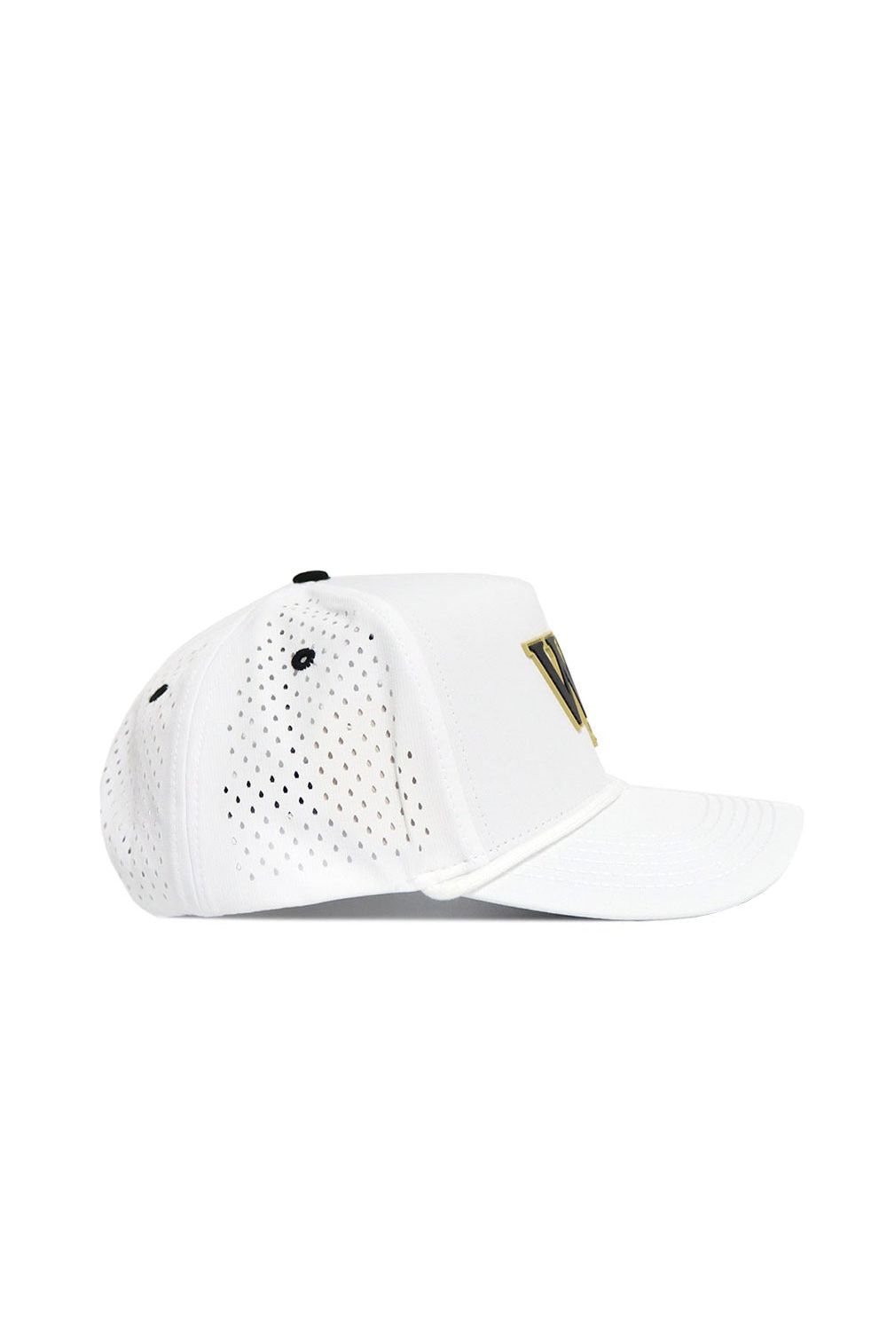 The Wake Forest Gameday Hat is a white snapback baseball cap with small side perforations and a gold outlined letter V partially visible on the front—ideal for finishing your gameday look.