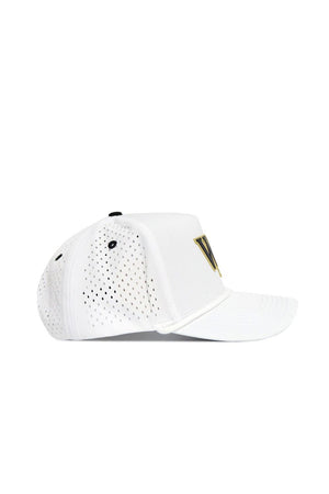The Wake Forest Gameday Hat is a white snapback baseball cap with small side perforations and a gold outlined letter V partially visible on the front—ideal for finishing your gameday look.
