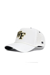 The Wake Forest Gameday Hat is a white, officially licensed snapback with WF initials in black and gold on the front, perforated sides, and a small rectangular NR logo tag—perfect for your next gameday fit.
