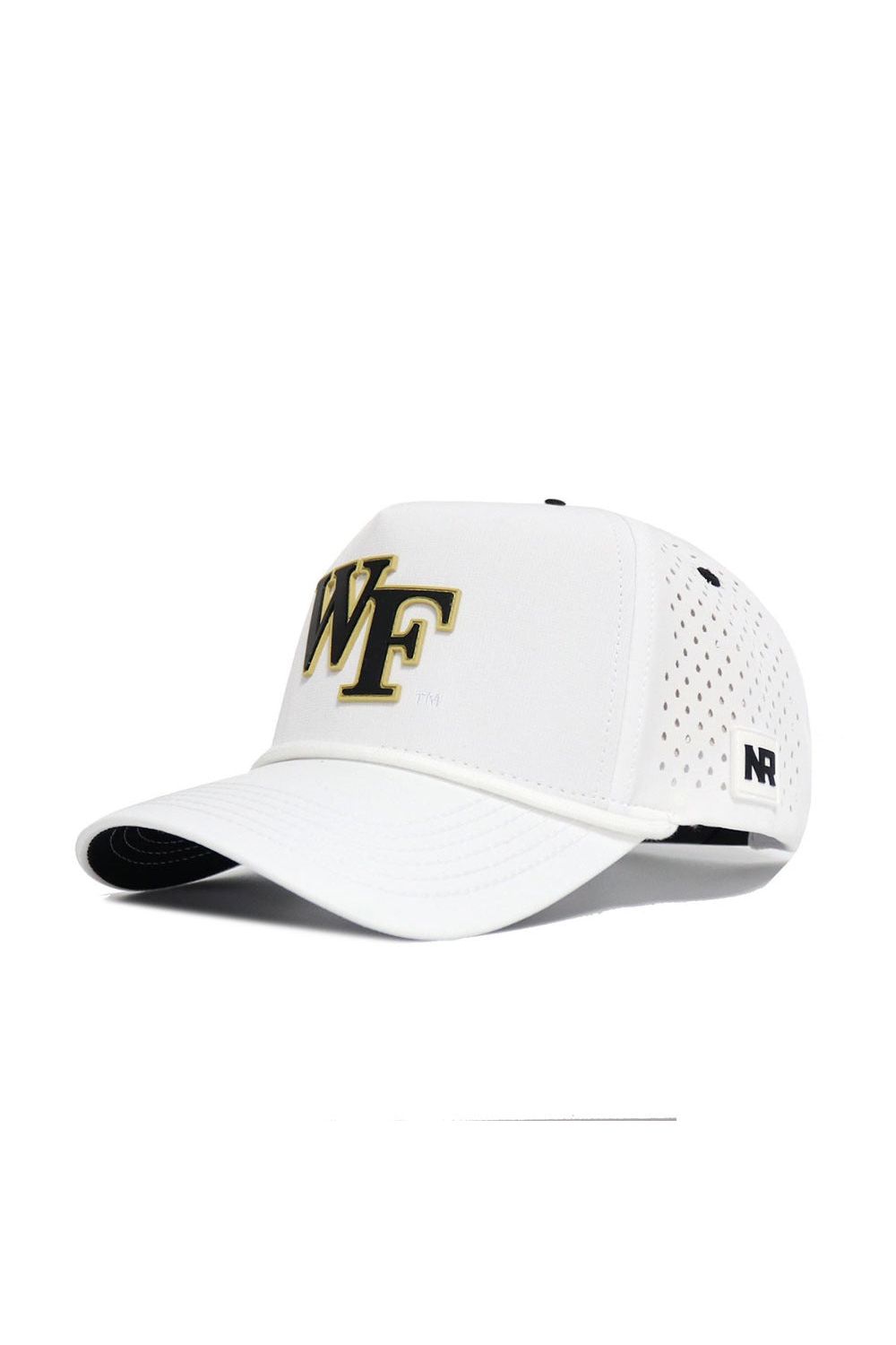The Wake Forest Gameday Hat is a white, officially licensed snapback with WF initials in black and gold on the front, perforated sides, and a small rectangular NR logo tag—perfect for your next gameday fit.
