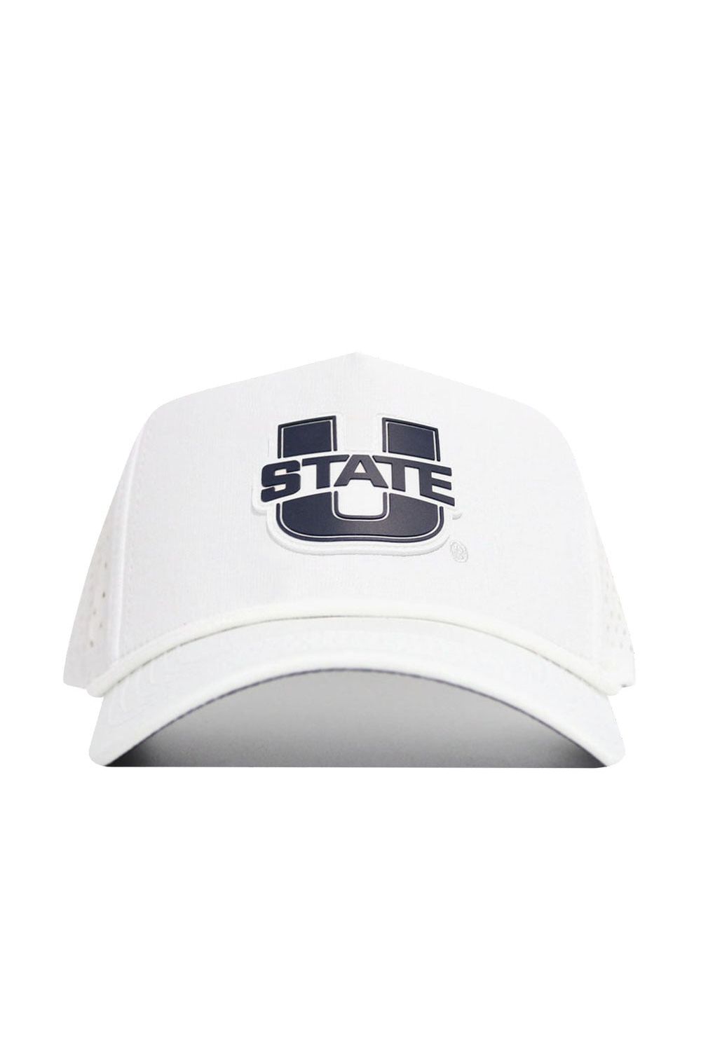 The Utah State Gameday Hat is a white baseball cap with a bold black and gray "U" and "STATE" on the front. It features a snap back for a customized fit, shown from the front on a plain white background—perfect for gameday.