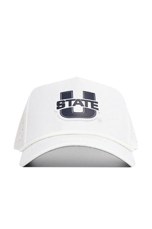 The Utah State Gameday Hat is a white baseball cap with a bold black and gray "U" and "STATE" on the front. It features a snap back for a customized fit, shown from the front on a plain white background—perfect for gameday.